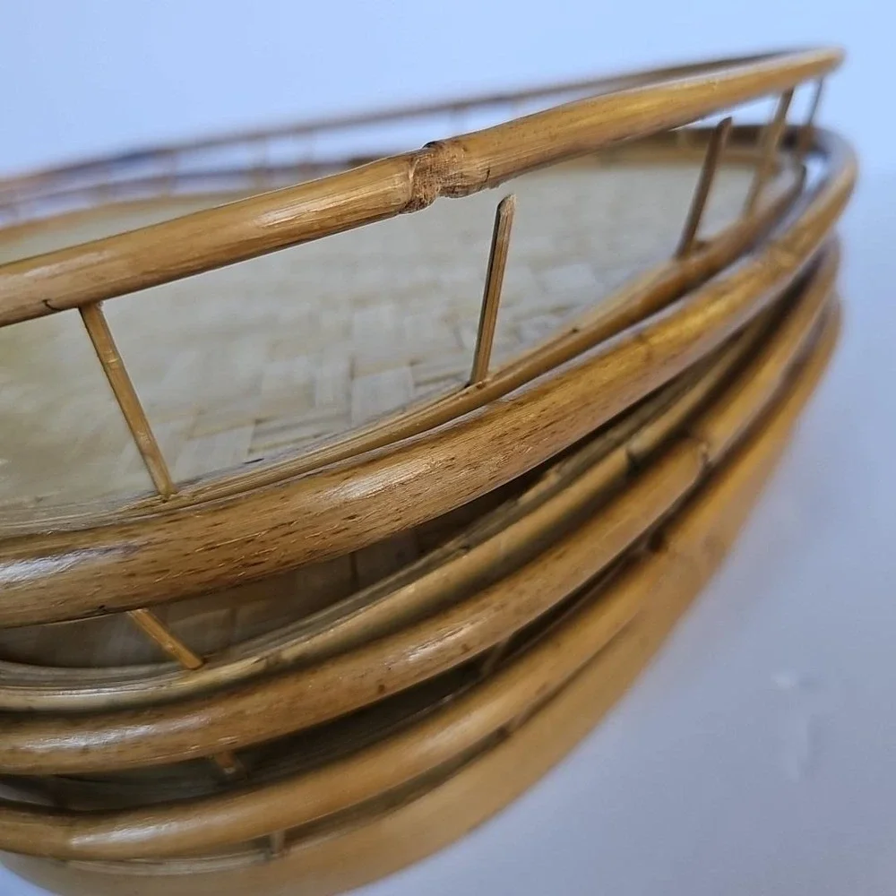 Vintage Bamboo Rattan Woven Serving Trays Set of 5 Nested Boho Coastal Decor‎